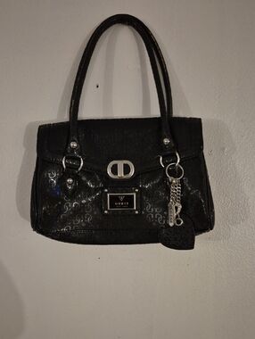 GUESS Black Logo-Stamped Satchel with Silver Hardware